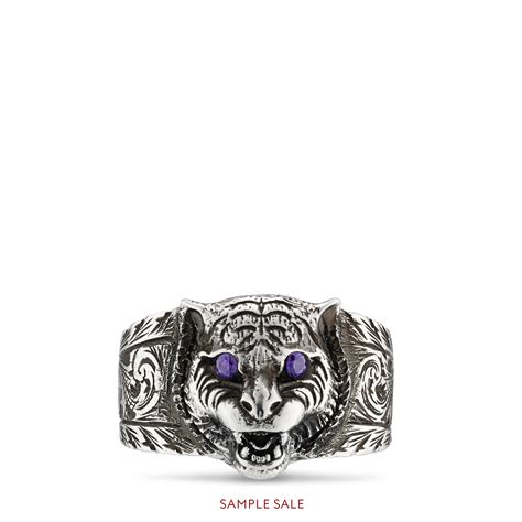 gucci ring feline heads ruby tsavorite|Thin silver ring with feline head .